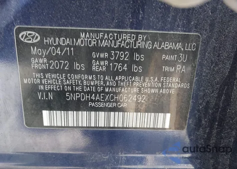 2012 Hyundai Elantra Gls z USA, uszkodzony, nr VIN 5NPDH4AEXCH062492